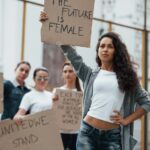 Hispanic ethnicity. Group of feminist women have protest for their rights outdoors