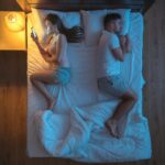 The sad couple with smartphone lay on the bed. night time. view from above,